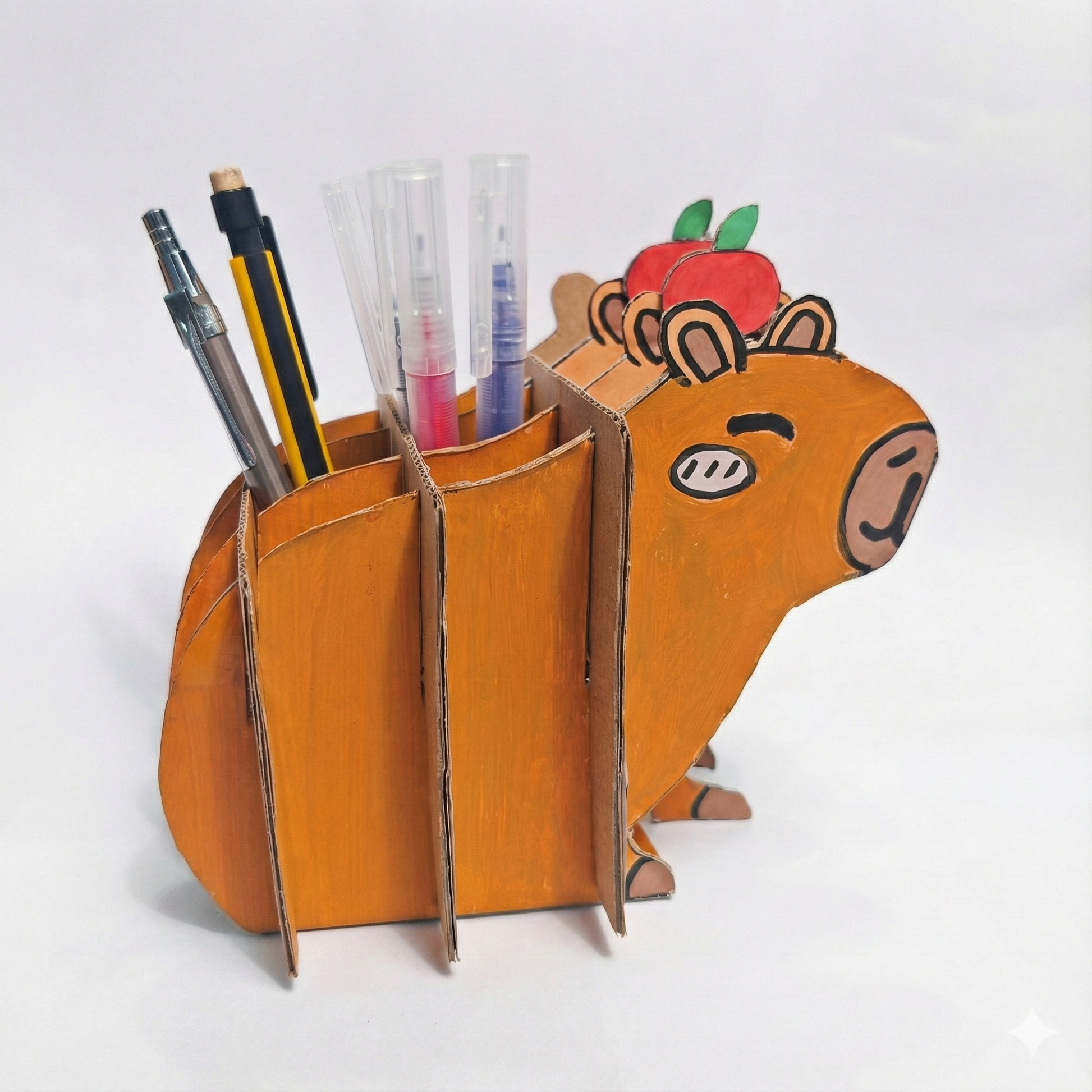 DIY cardboard animal pencil holder made from cardboard, a creative kids craft project and desk organizer for pencils and pens.