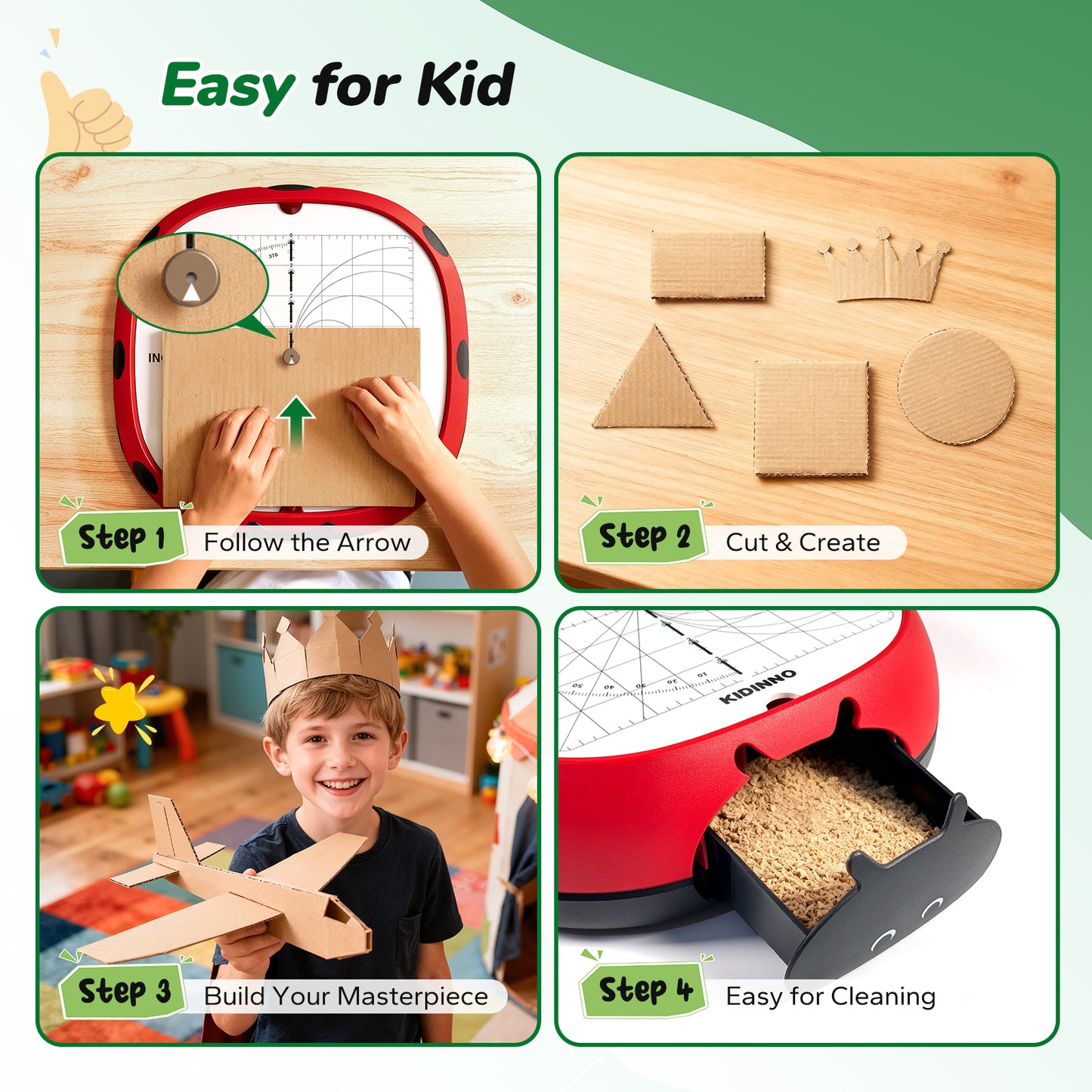 Step-by-step guide showing kids using the Kidinno cardboard cutter to easily cut cardboard shapes, create DIY crafts, and clean the built-in debris drawer.