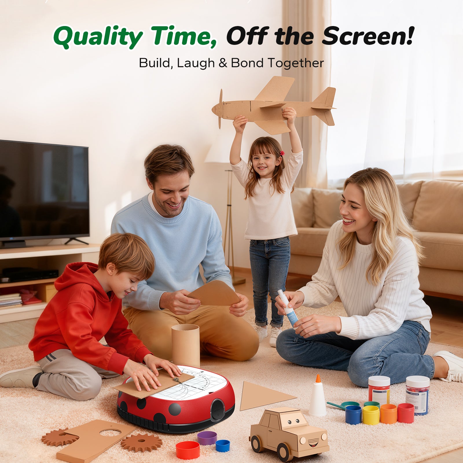 Family enjoying screen-free craft time using the Kidinno cardboard cutter to create cardboard toys and DIY projects together.