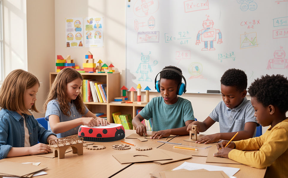 Group of children using cardboard crafting tools to create DIY cardboard projects in a classroom activity.