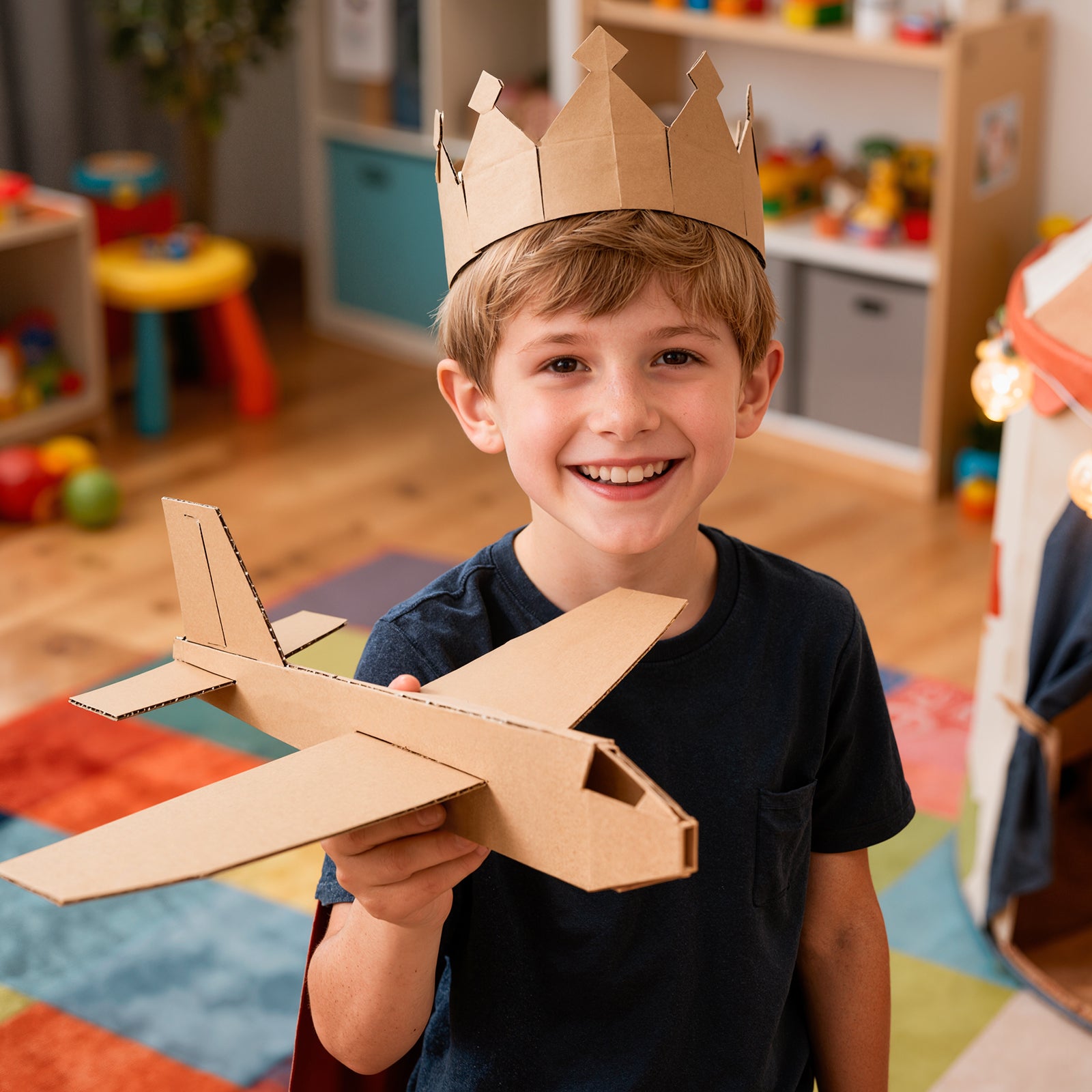 Child holding a DIY cardboard airplane craft made from cardboard during a creative STEAM activity.