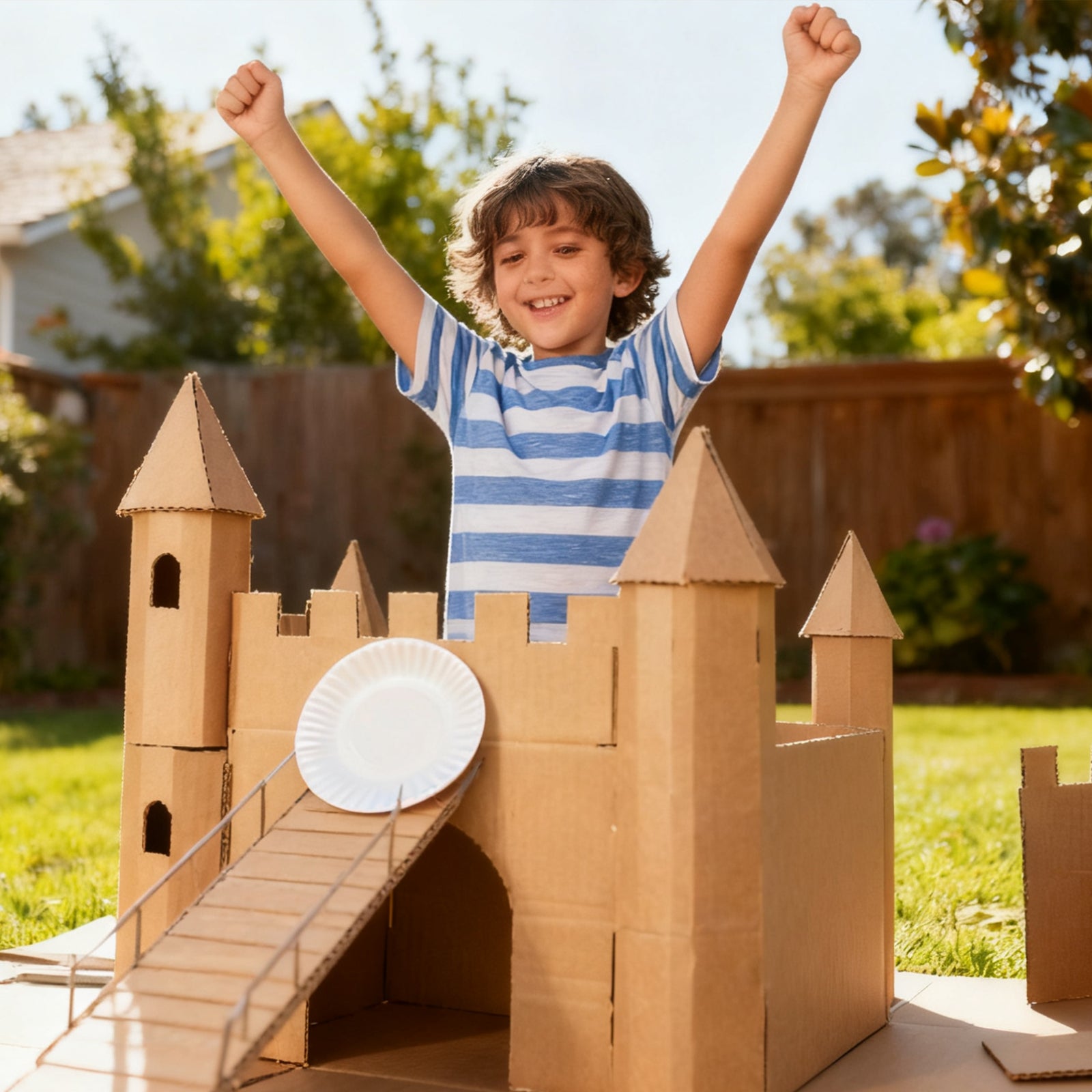Child celebrating a DIY cardboard castle craft project made from cardboard during a creative kids activity.