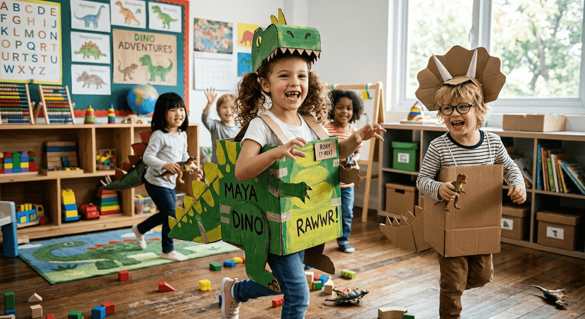 Child wearing a DIY cardboard dinosaur costume created from cardboard for a fun creative craft activity.