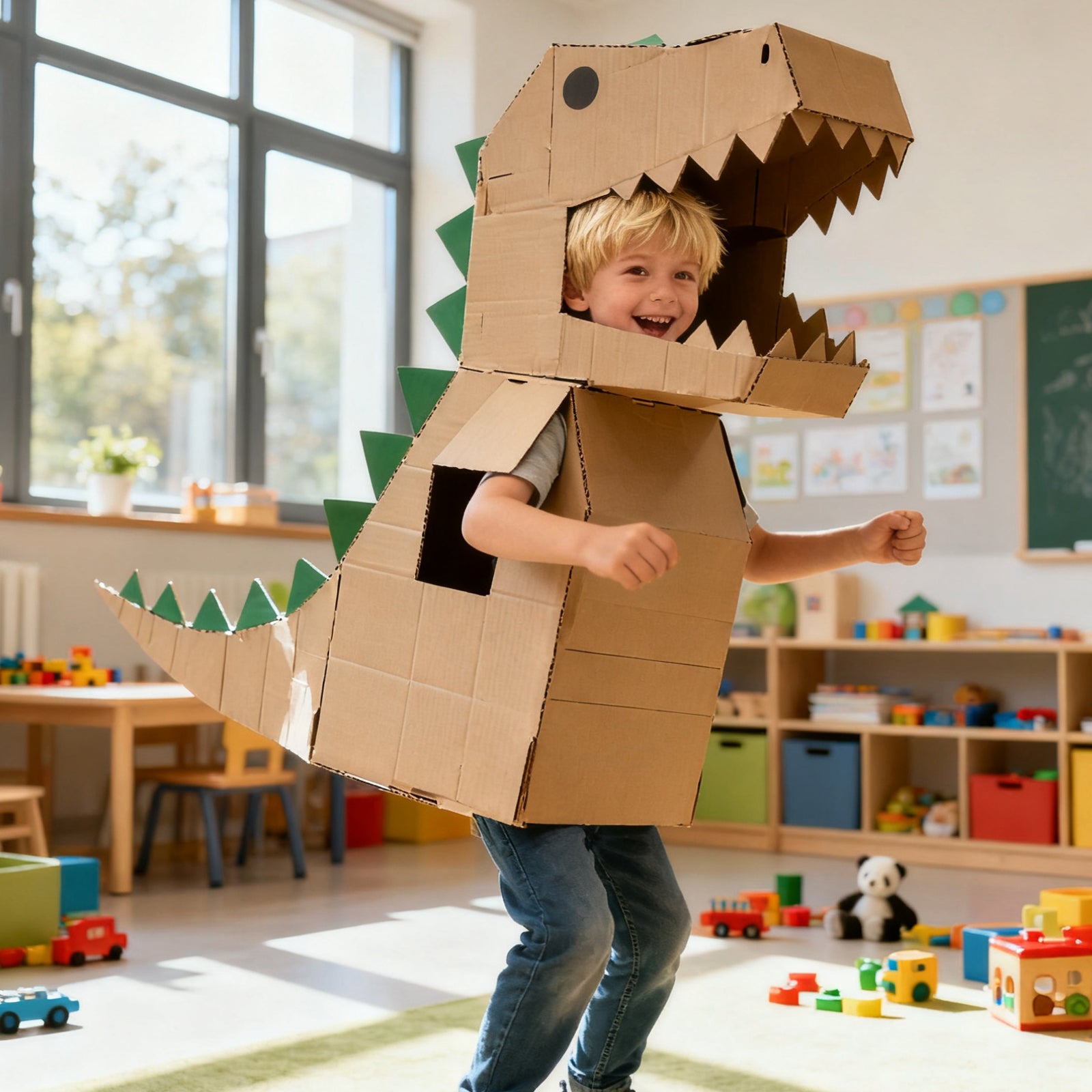Child wearing a DIY cardboard dinosaur costume created from cardboard for a fun creative craft activity.