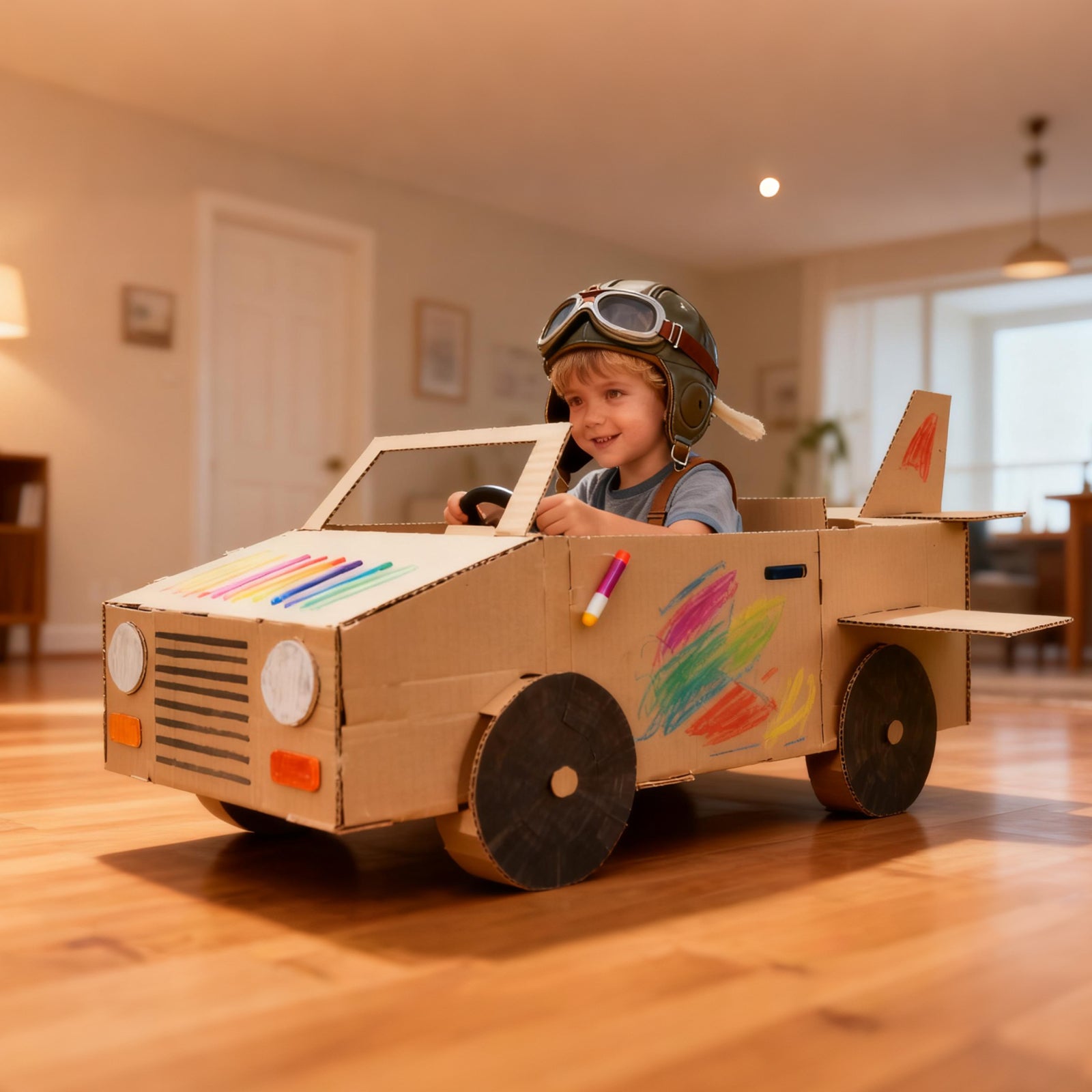 Child playing inside a handmade cardboard race car during a creative cardboard craft activity.