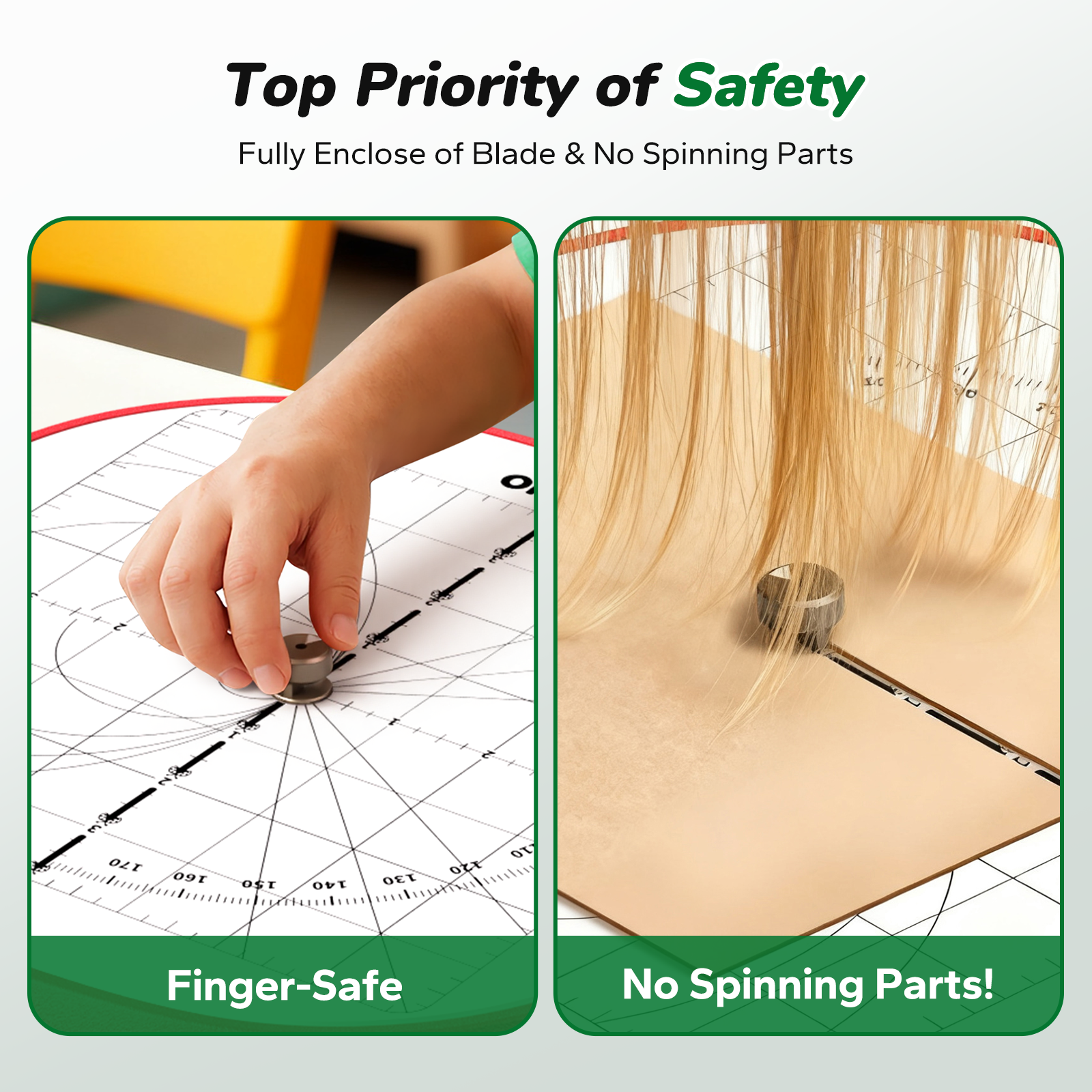 Kidinno safe cardboard cutter for kids with fully enclosed blade and no spinning parts, designed to protect fingers, hair, and clothing while crafting.