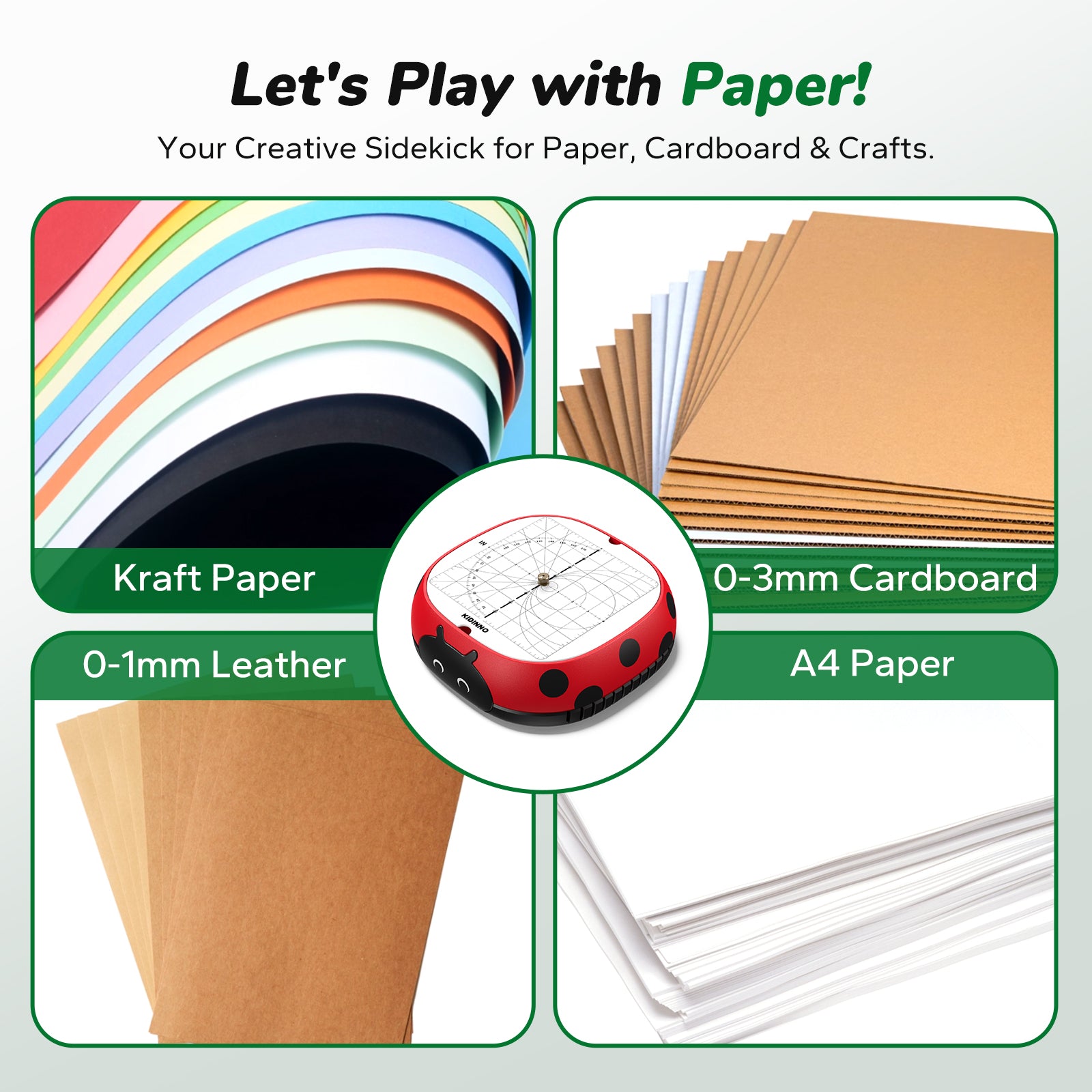 Kidinno cardboard cutter for kids crafts that can cut kraft paper, A4 paper, leather up to 1mm, and cardboard up to 3mm for DIY projects.