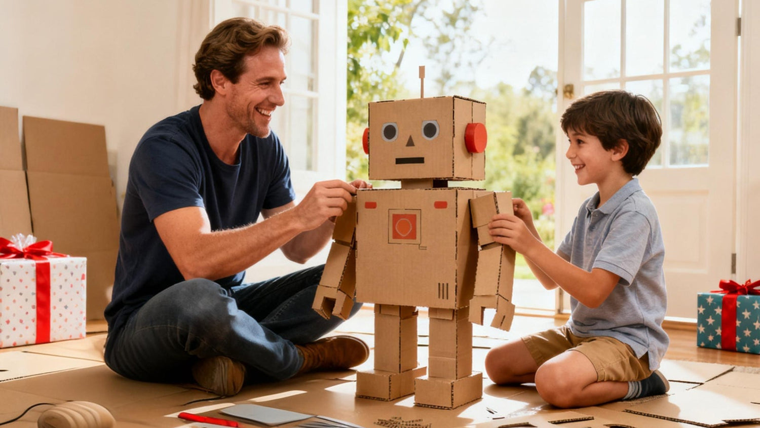 Father and son building a DIY cardboard robot together during a creative cardboard craft activity.