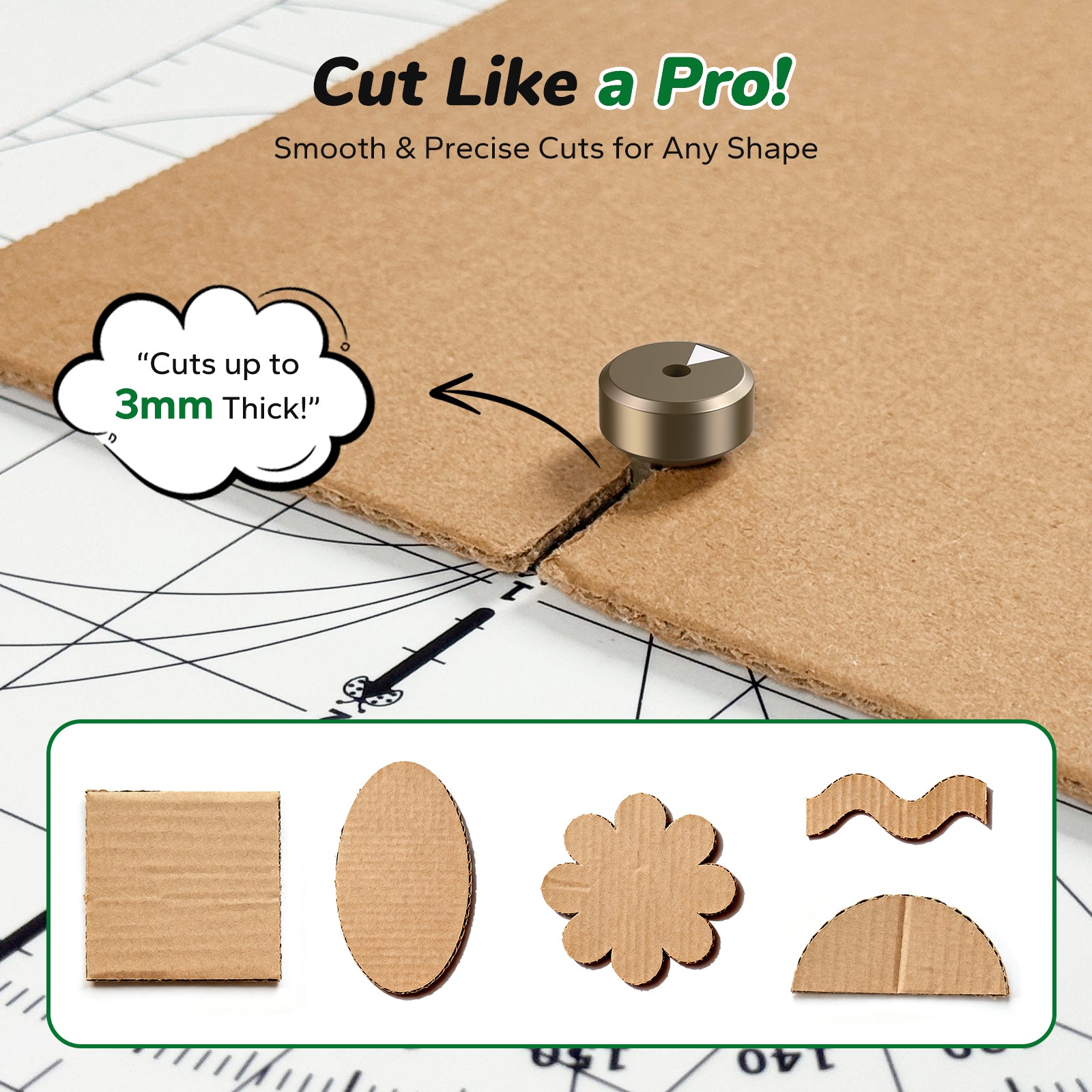 Kidinno cardboard cutter making smooth and precise cuts on cardboard up to 3mm thick, allowing kids to create different shapes for crafts.